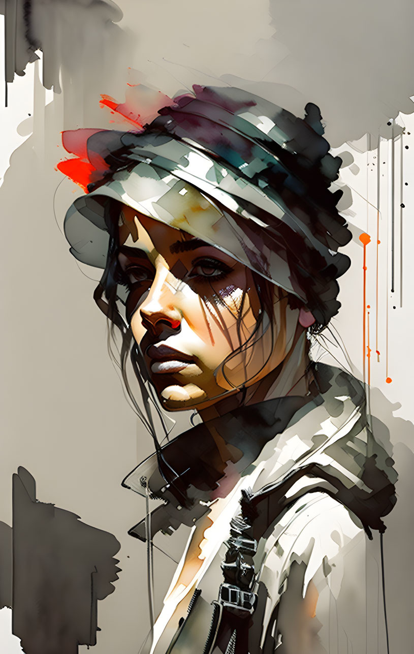 Contemplative woman in vibrant watercolor and abstract modern style