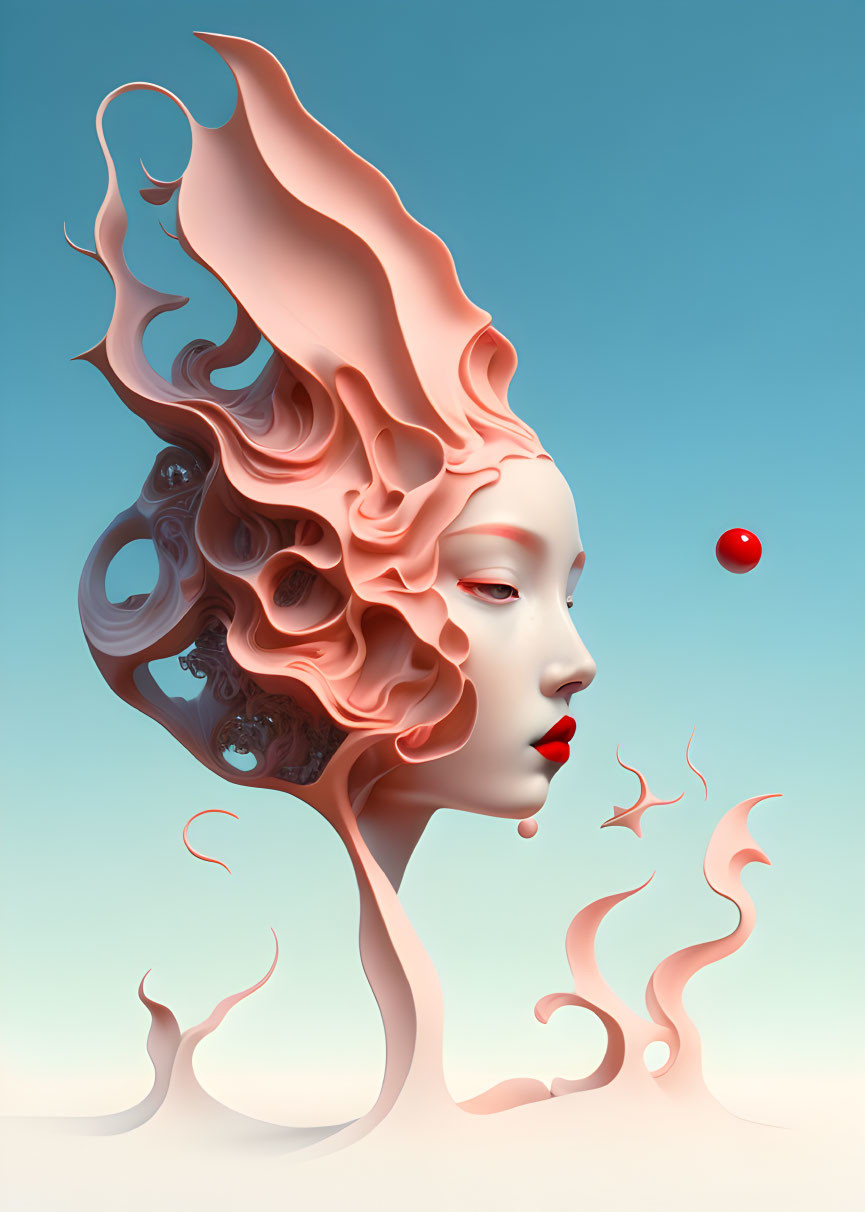 Surreal female figure with flame-like hair and red sphere in pastel tones