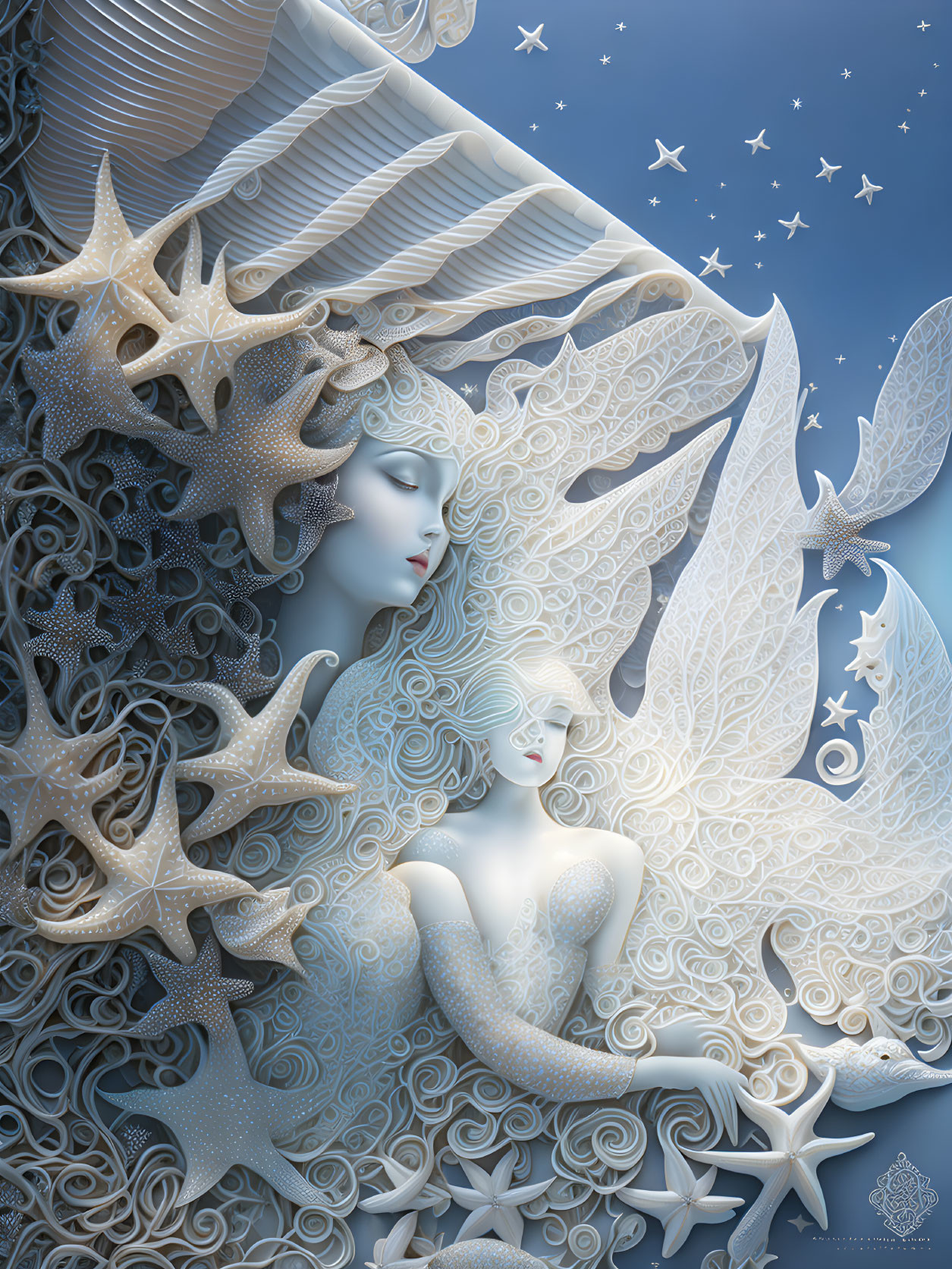 Ethereal beings with delicate wings in celestial fantasy illustration