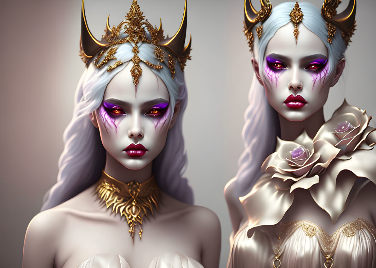 Stylized female figures in white and gold headpieces and fantasy attire