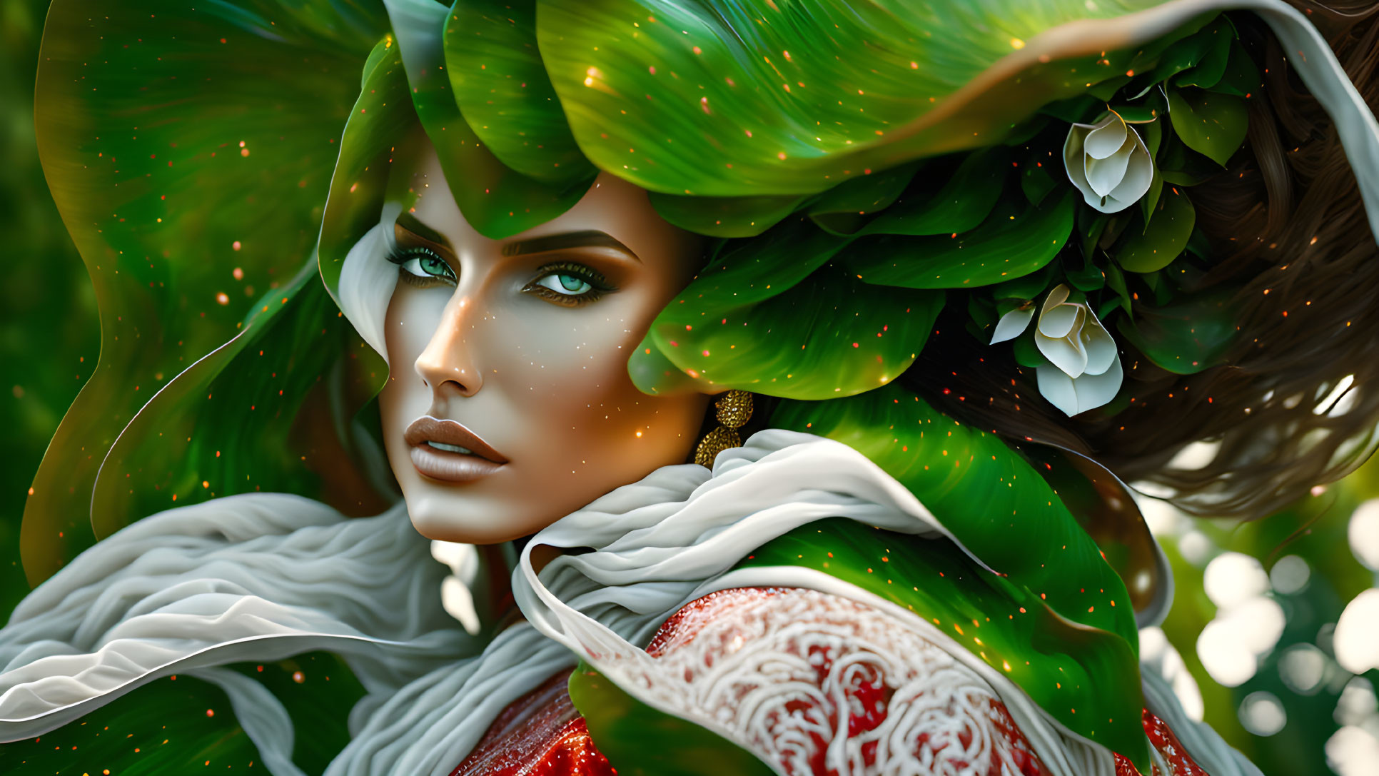 Detailed Digital Art Portrait of Woman with Green Leaf-Like Hair and Floral Embellishments