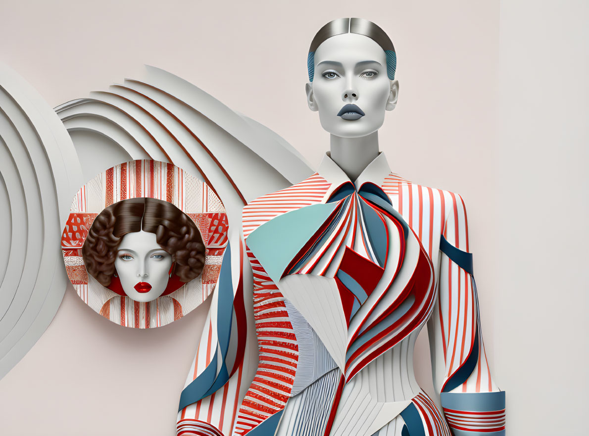 Stylized 3D female figures in abstract outfits on pale background