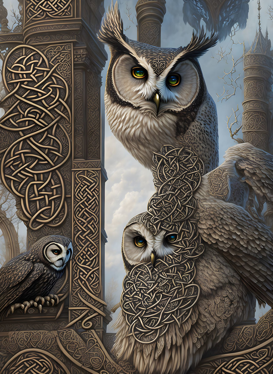 Realistic owls with Celtic knot designs in digital art