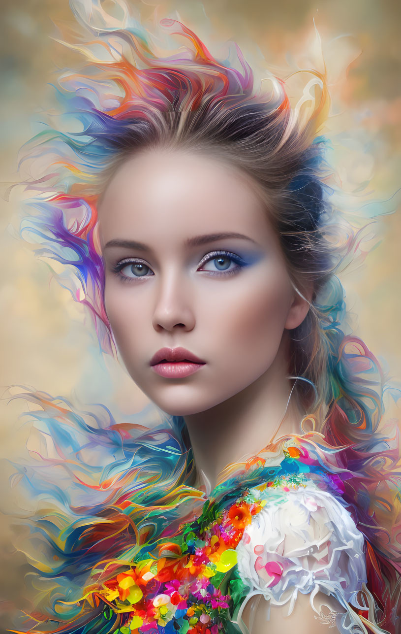 Colorful Woman with Multicolored Hair in Floral Attire and Blue Eyes