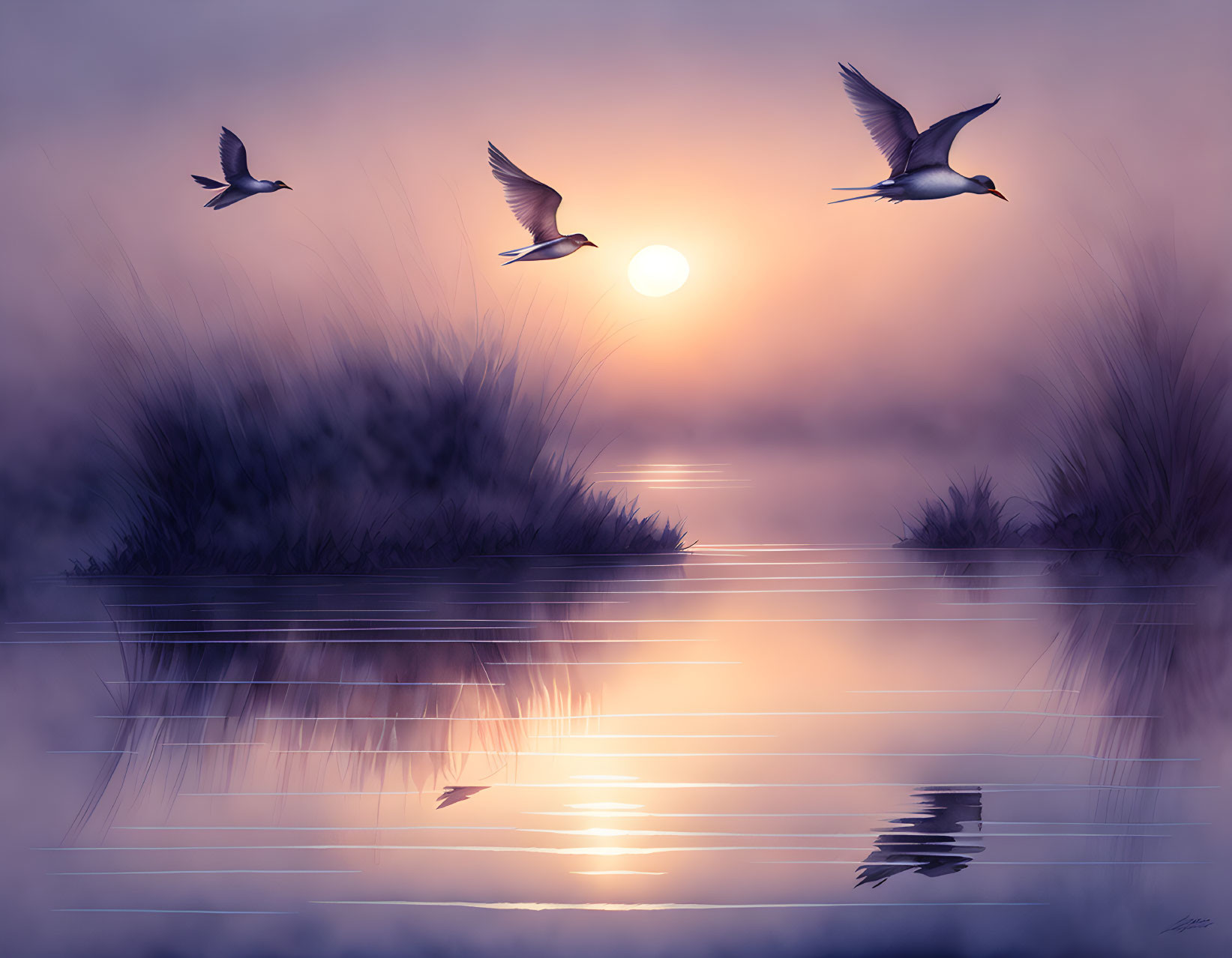 Three birds flying over tranquil lake at sunset with warm glow and reed silhouettes.