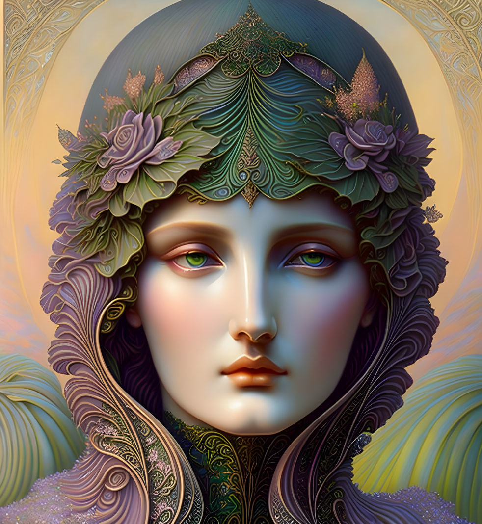 Illustration of woman with leaf and flower headdress in ethereal colors