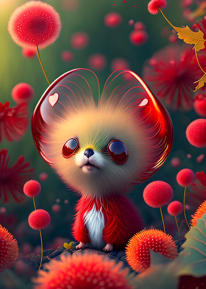 Illustration of fluffy creature with heart-shaped ears in red and green flora.