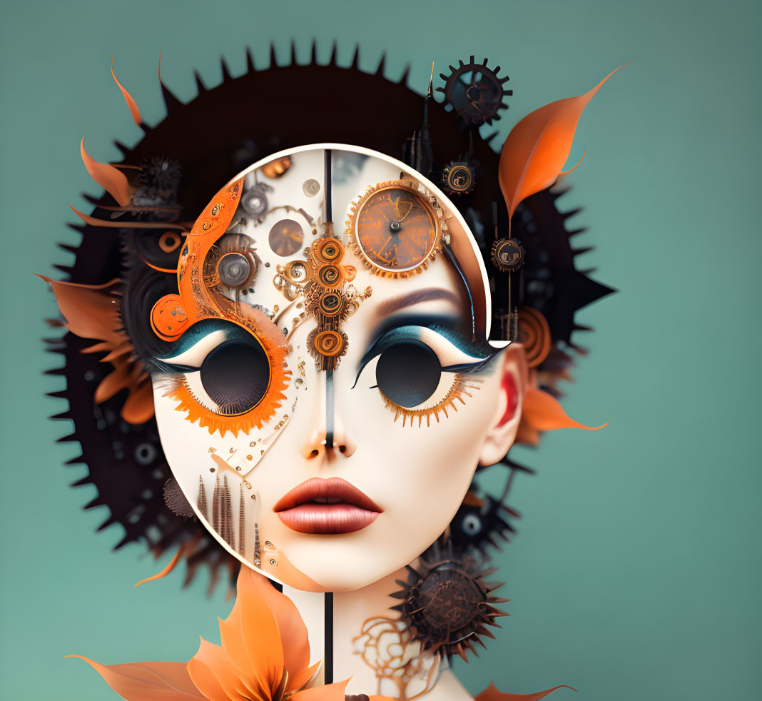 Female face merges with steampunk elements on turquoise background with orange leaves and gears