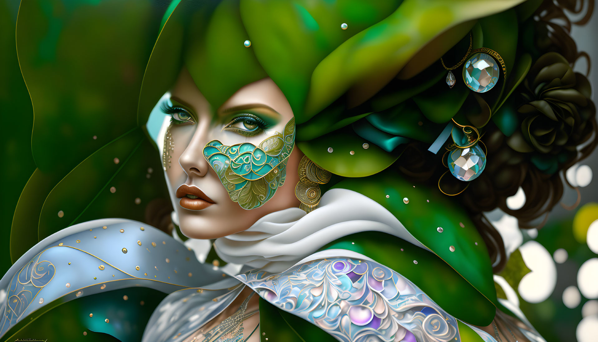 Vivid surreal portrait of a woman with green and white fantasy makeup and jewelry