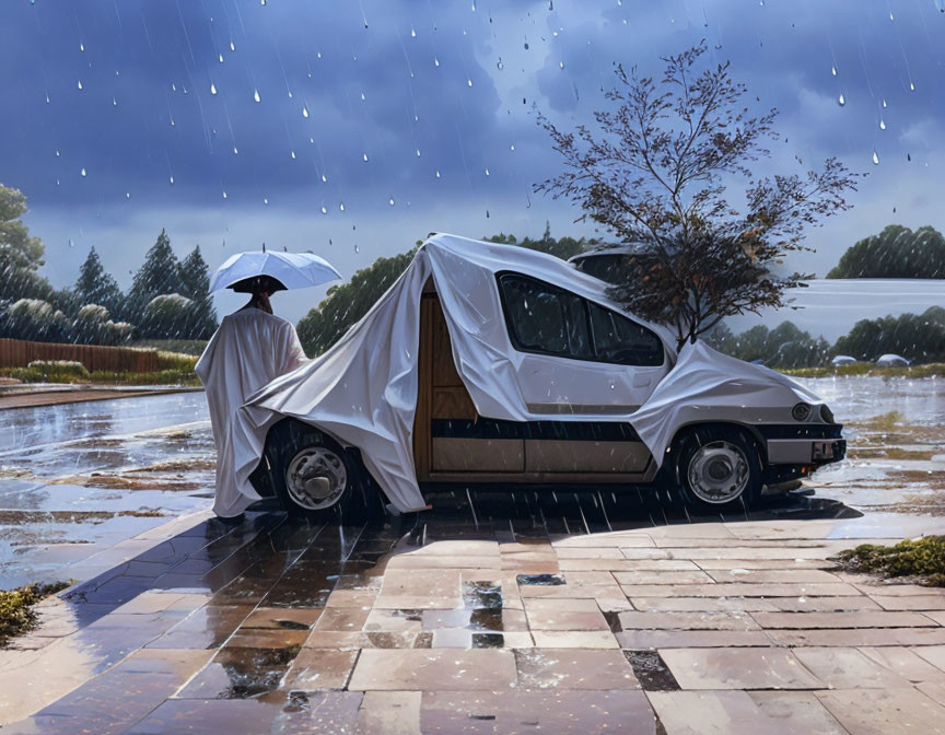 Rainy Day Scene: Person with Umbrella by Car on Wet Pavement