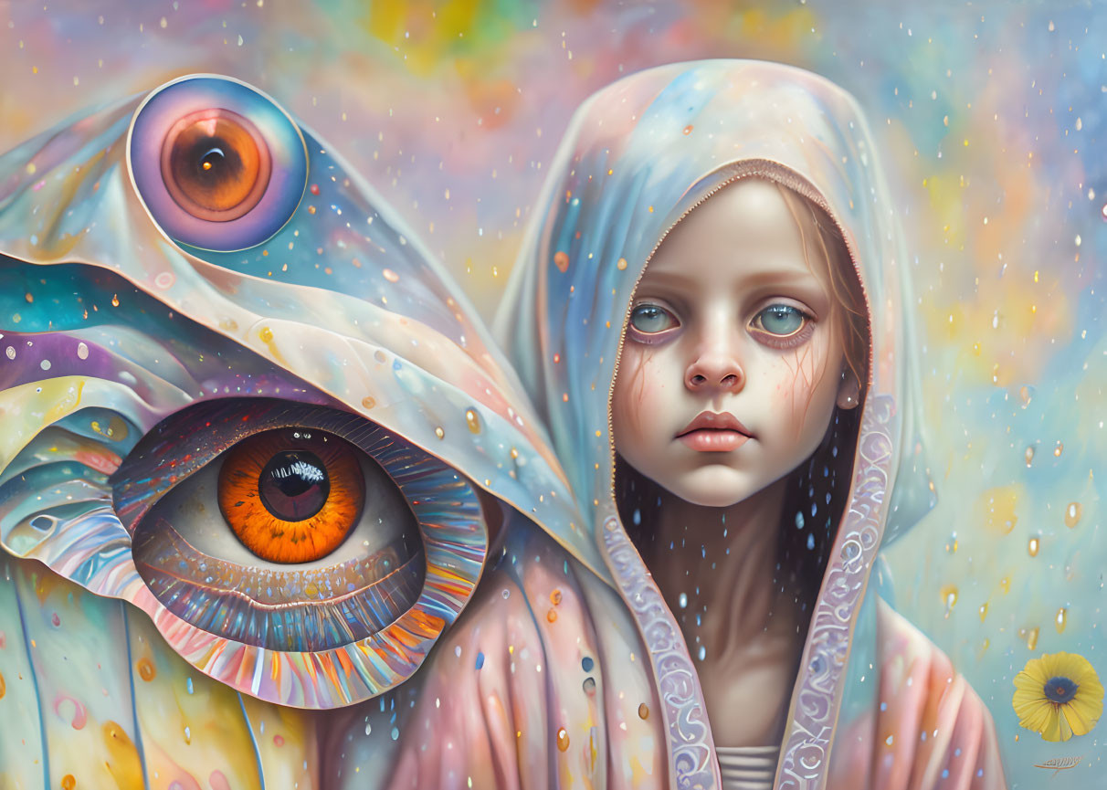 Colorful surreal artwork: Young girl cloaked in tentacled creature