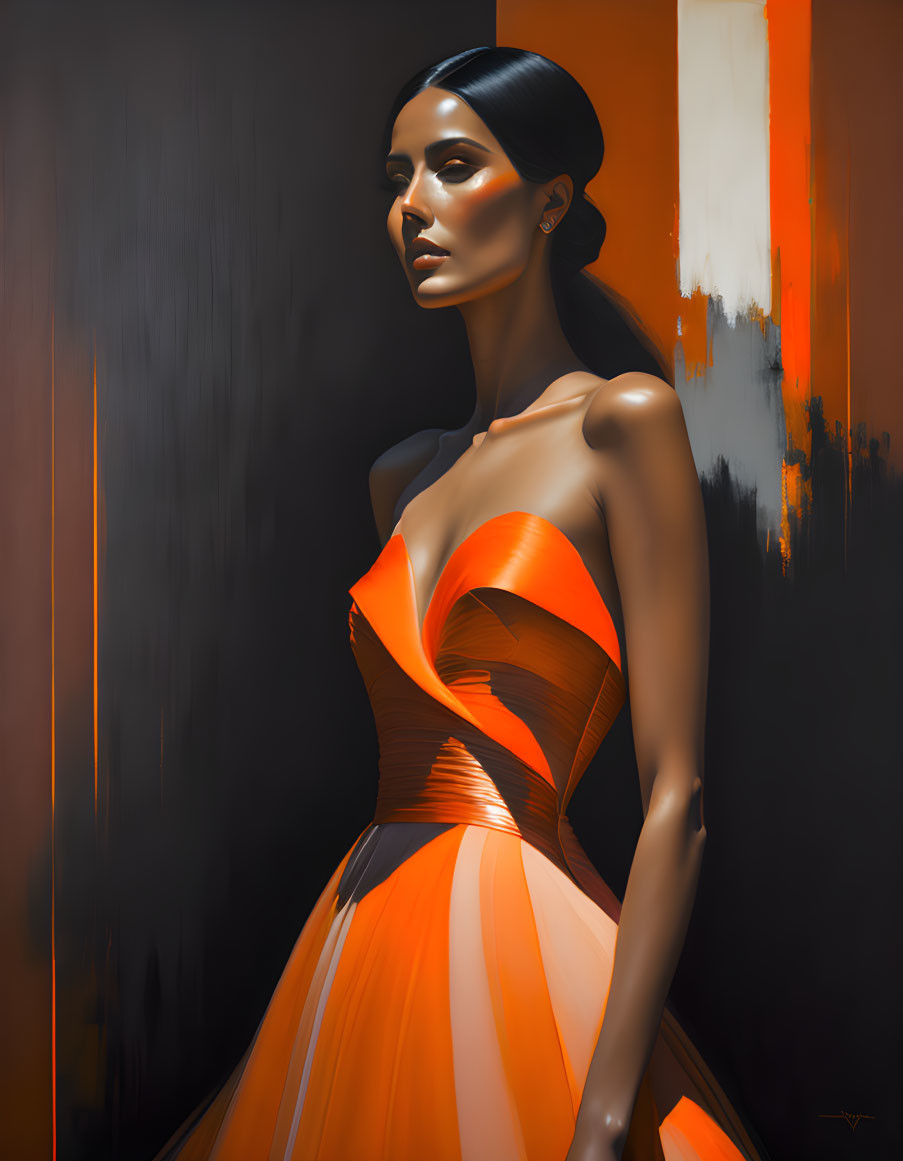 Woman in Orange Dress Against Dark Background with Vertical Stripe