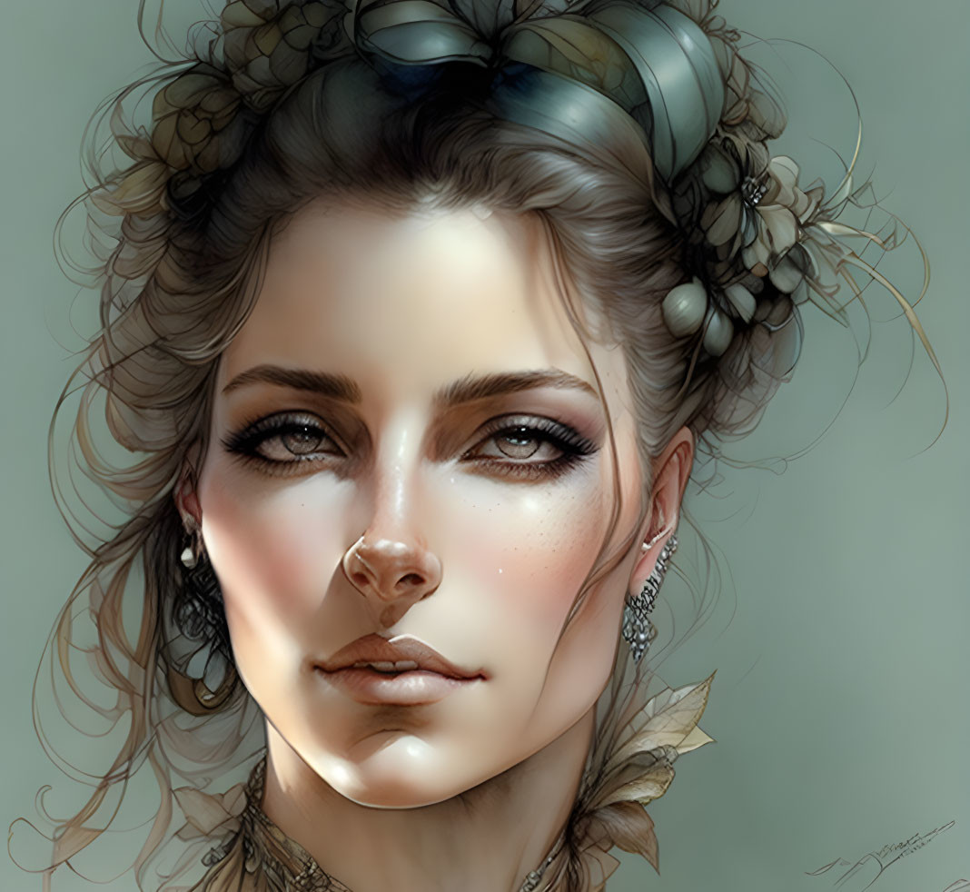 Detailed illustration of woman with intricate hair accessories and serene expression