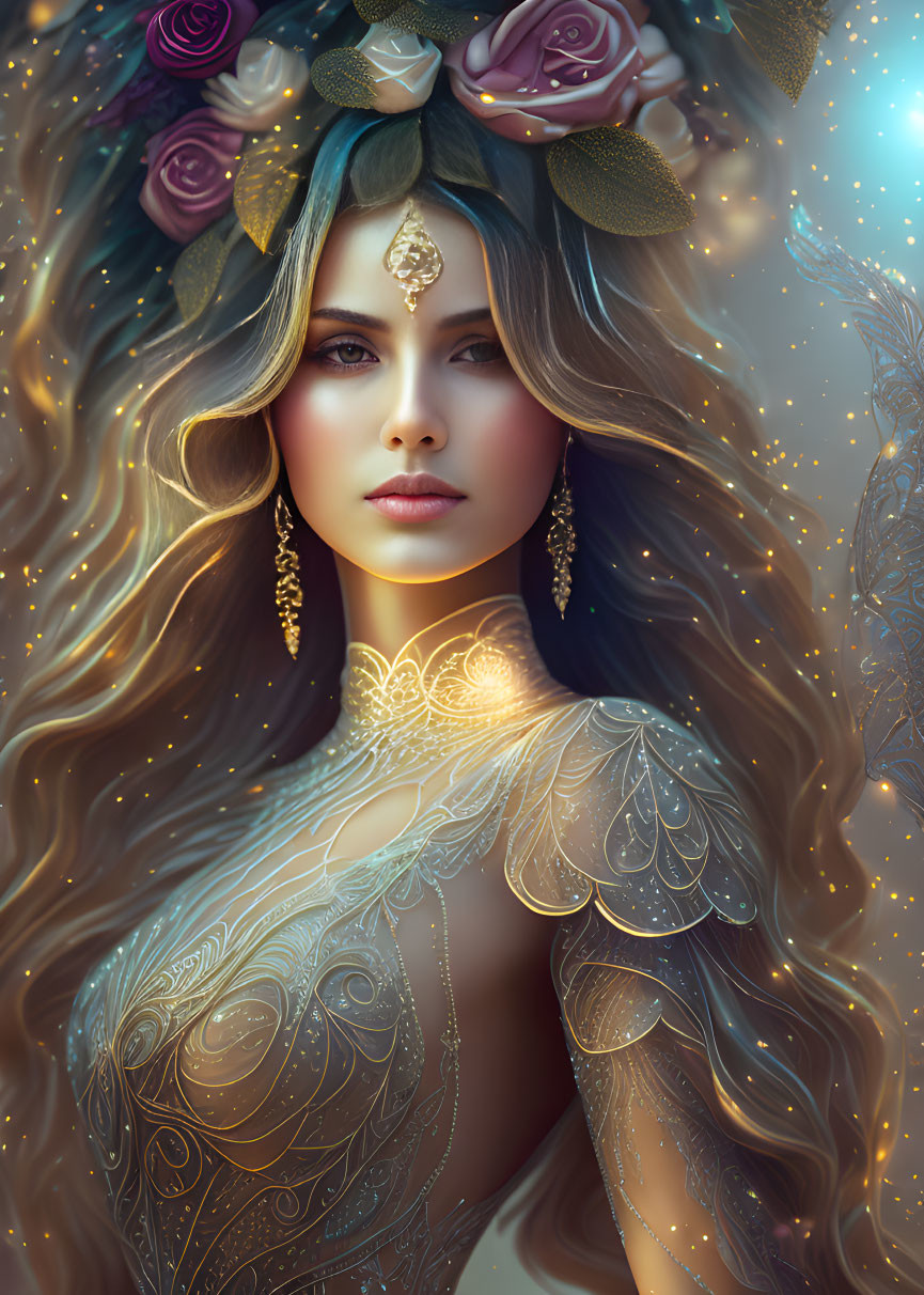 Ethereal woman with golden hair in floral crown and intricate gown on blue backdrop