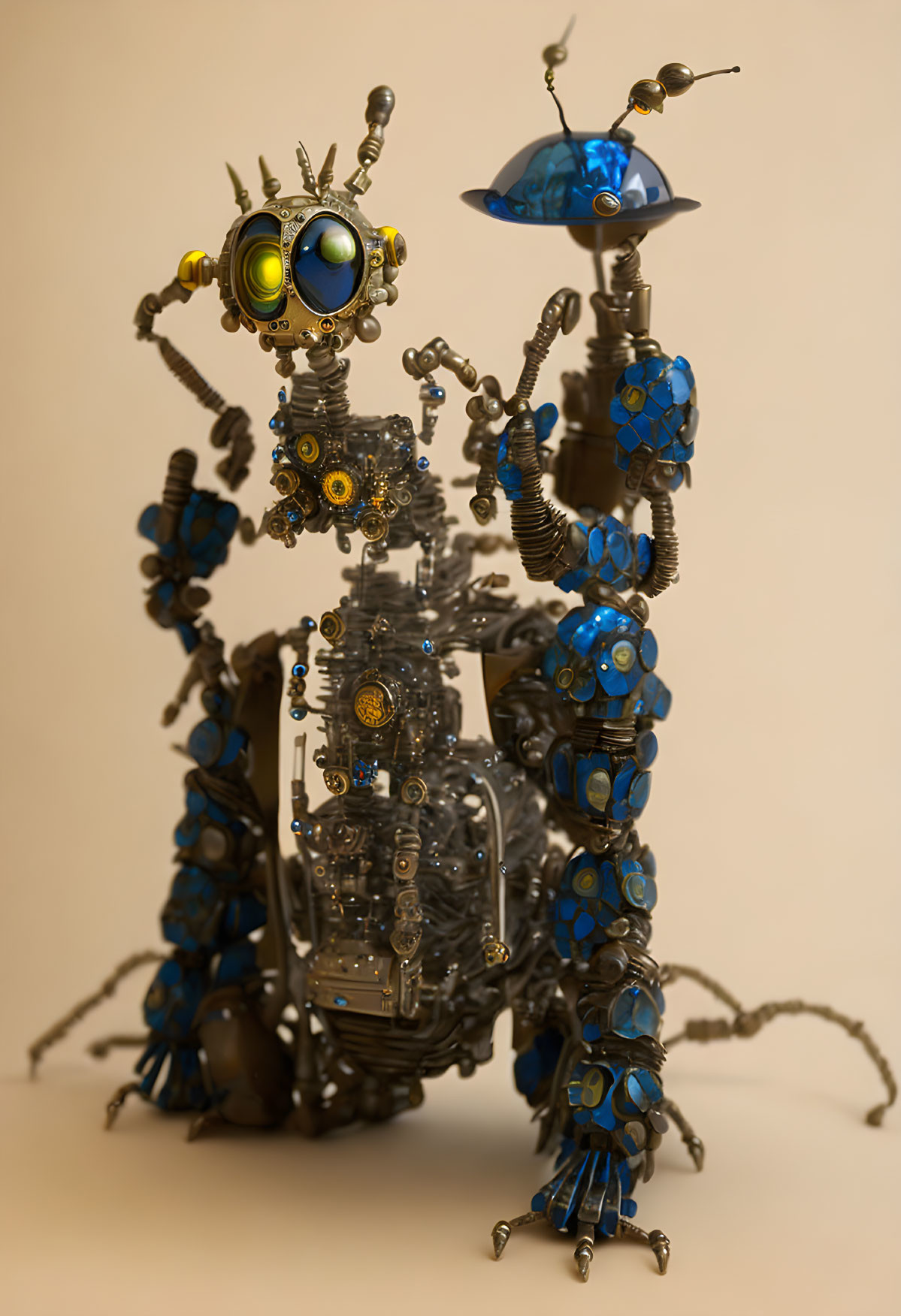 Metal robot with gears, blue accents, yellow eyes, and whimsical hat