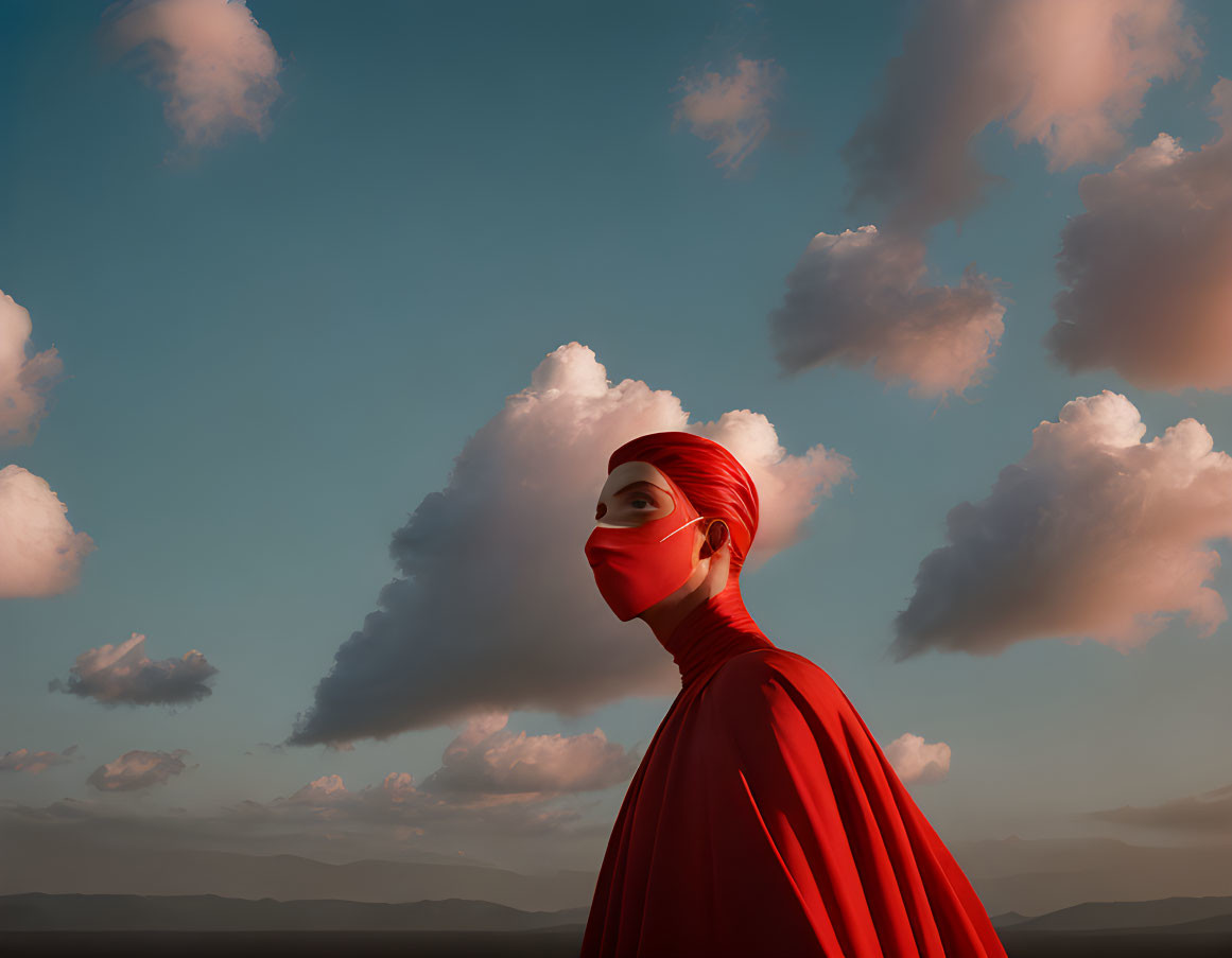 Person in Red Mask and Cape Staring at Cloudy Sky