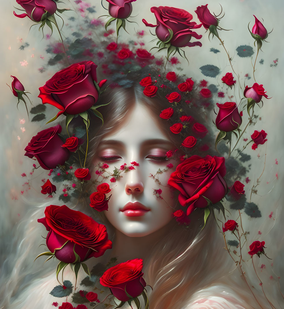 Surreal portrait of woman with closed eyes and red roses in misty backdrop