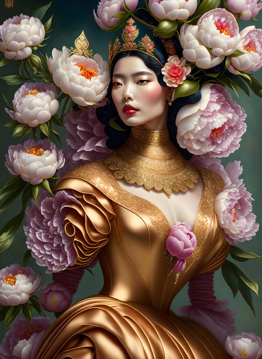 Illustrated portrait of woman in golden dress with pink peonies and traditional headdress