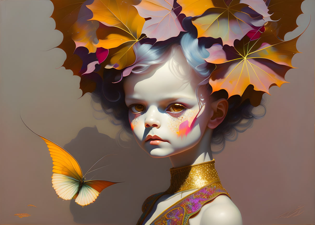 Child's digital portrait with autumn leaves and butterfly on neutral background