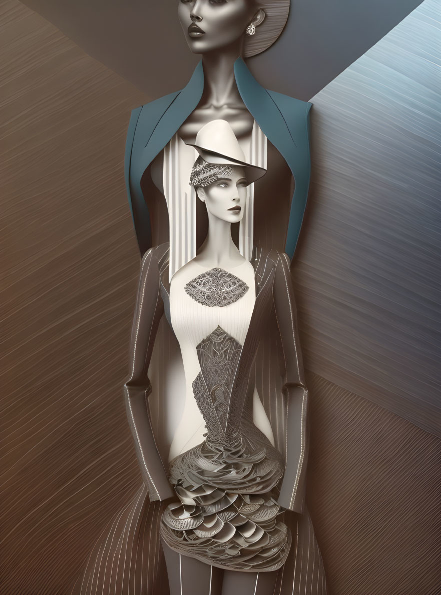 Stylish woman in elaborate hat and dress with futuristic metallic backdrop