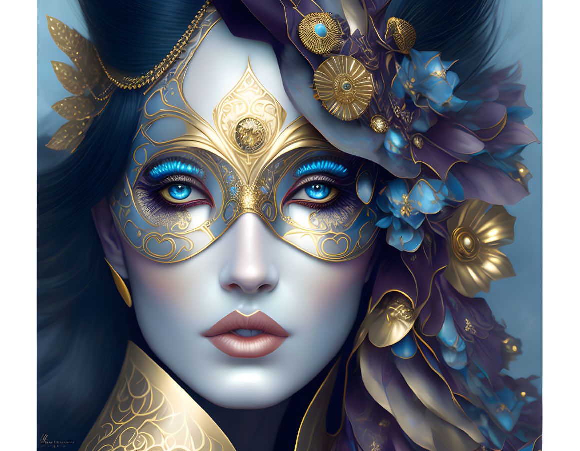 Woman in Golden Mask Surrounded by Blue and Gold Flowers