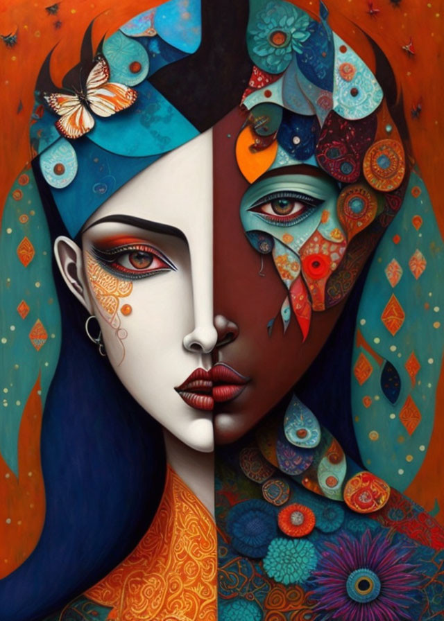 Symmetrical Artwork Featuring Woman's Face with Contrasting Designs