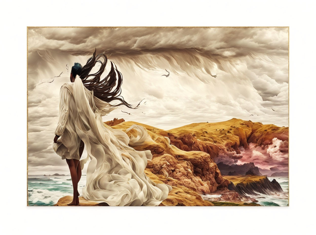 Person with Long Flowing Hair in Dramatic Coastal Landscape Under Cloud-Filled Sky