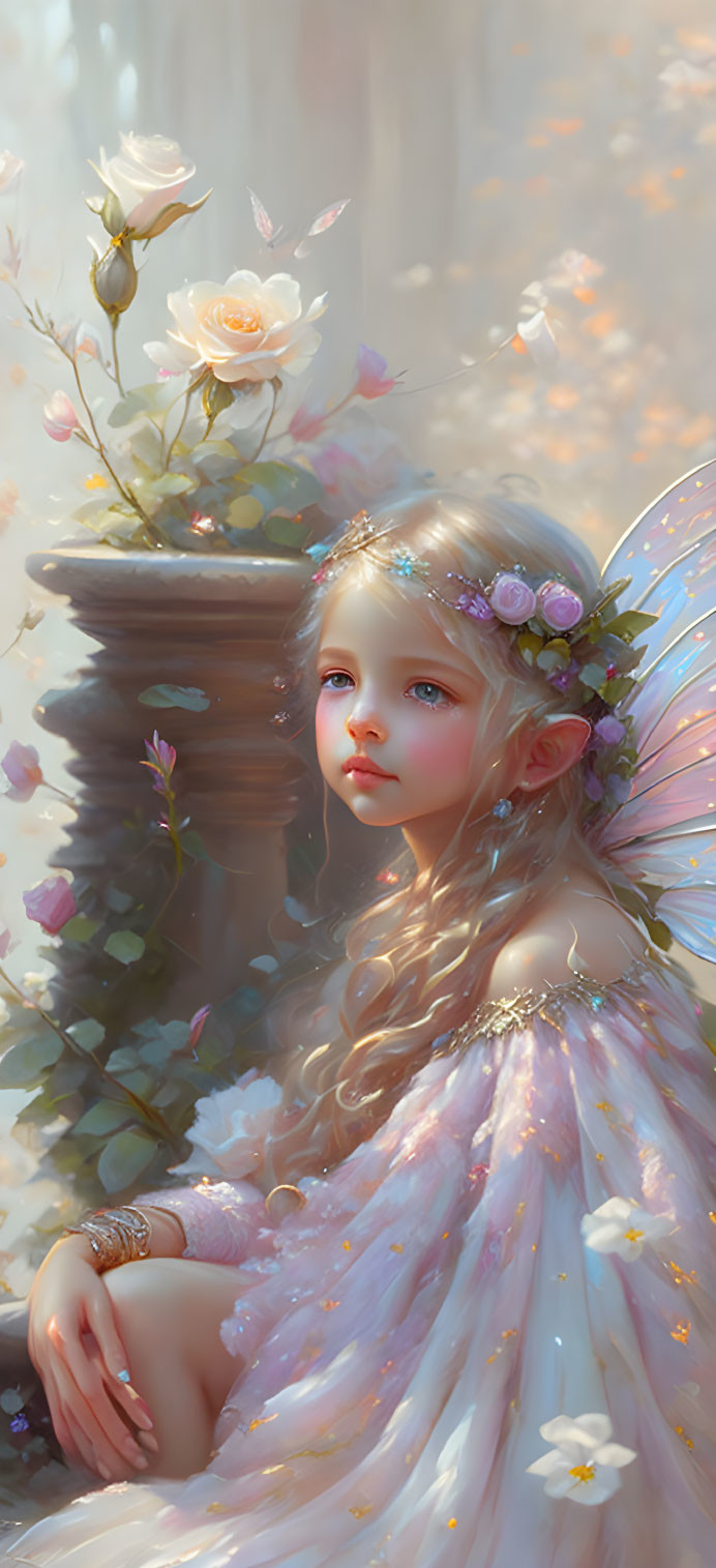 Young fairy illustration surrounded by flowers and glowing light