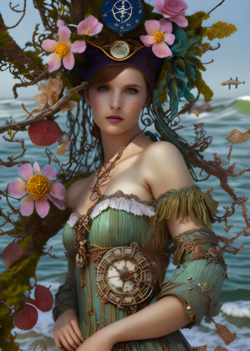 Woman wearing ornate nautical hat and clock-themed corset in front of sea backdrop