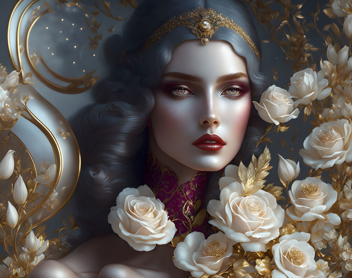 Digital artwork of woman with wavy hair, golden ornaments, white roses, and golden leaves on dark