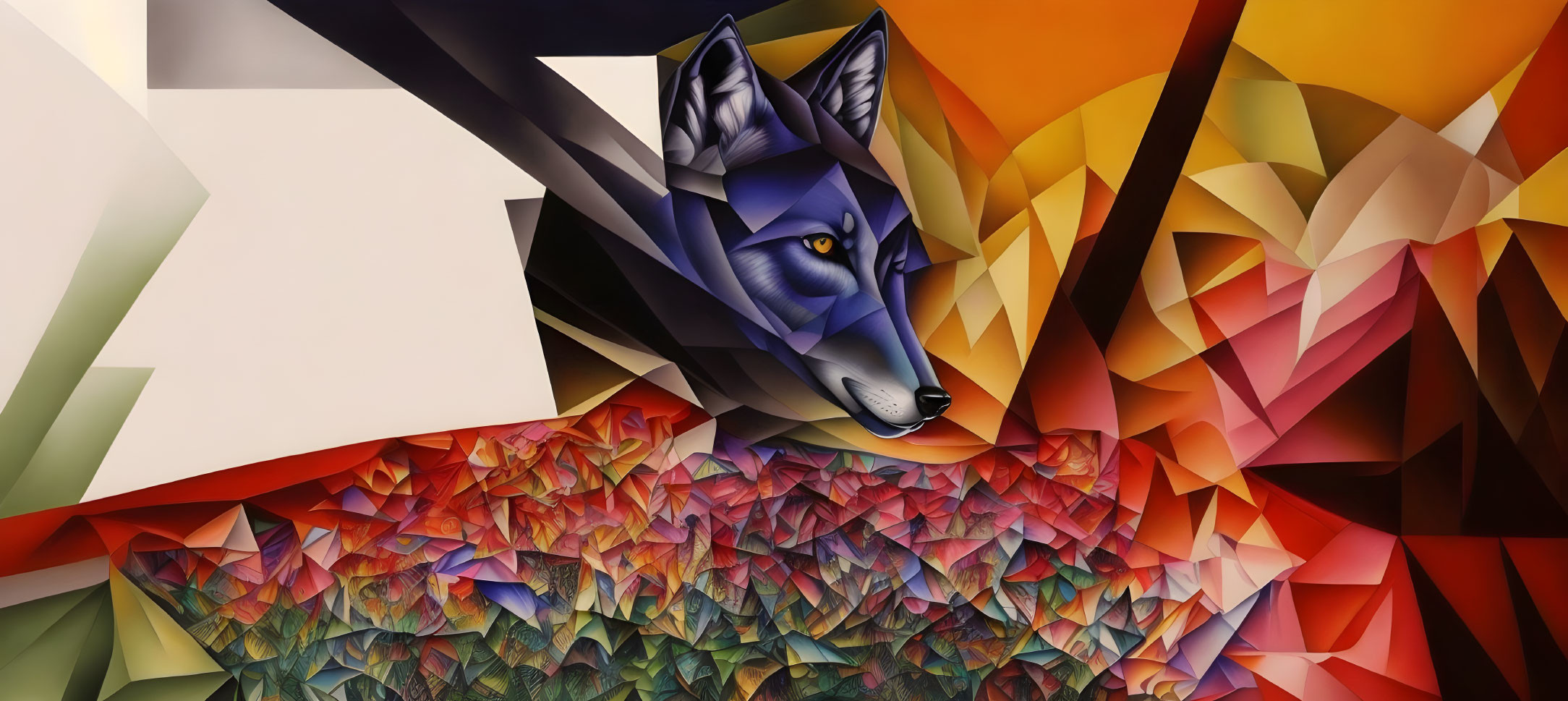 Cubist-style Wolf Illustration with Multicolored Geometric Background