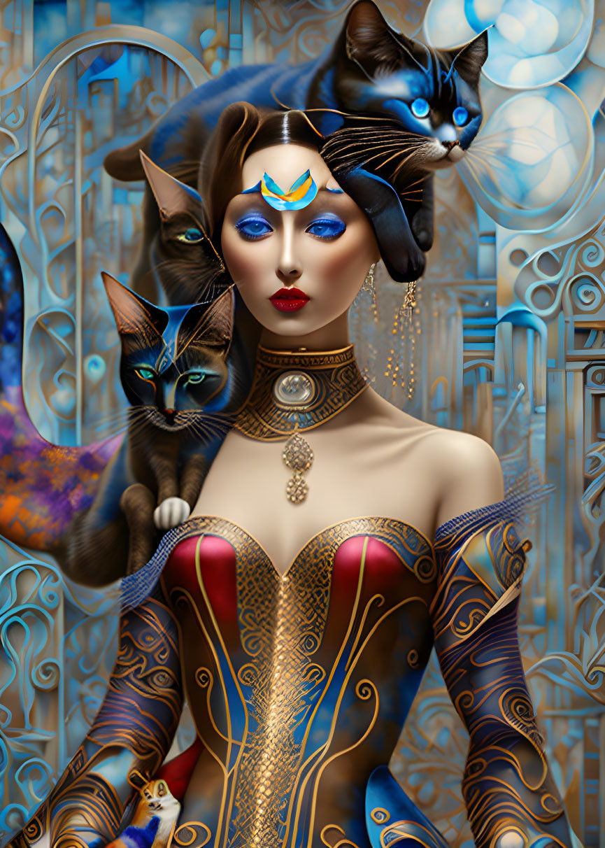 Stylized woman in blue and gold attire with cats on abstract background