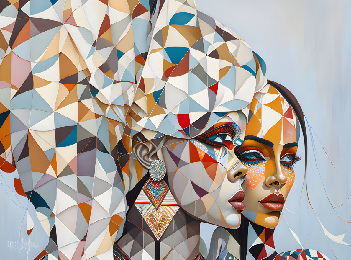 Stylized female faces in profile with geometric-patterned headscarves and decorative face paint