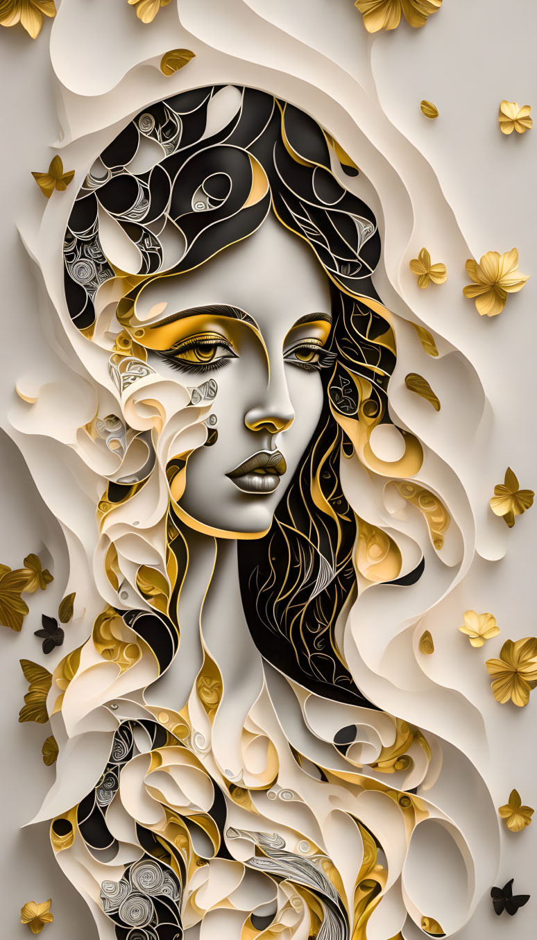 Woman's face artwork with flowing hair, butterflies, gold, black, and white colors