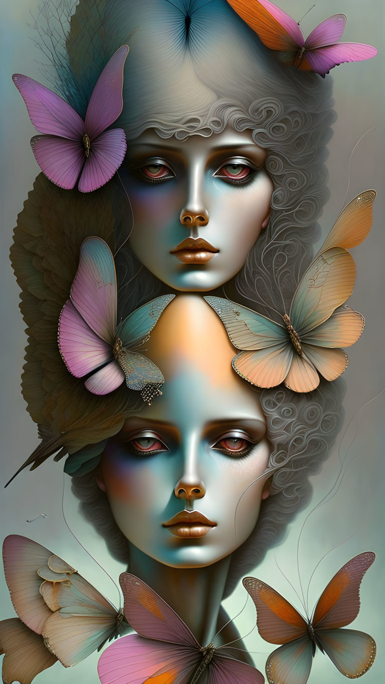 Digital artwork: Two female faces with butterfly adornments and intricate hairstyles