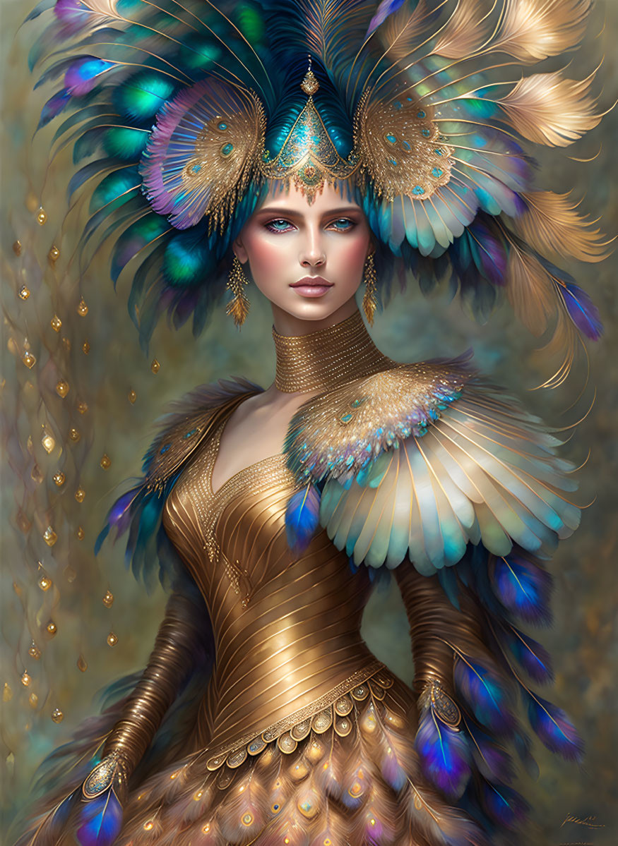 Ethereal woman in peacock feather attire and golden armor.