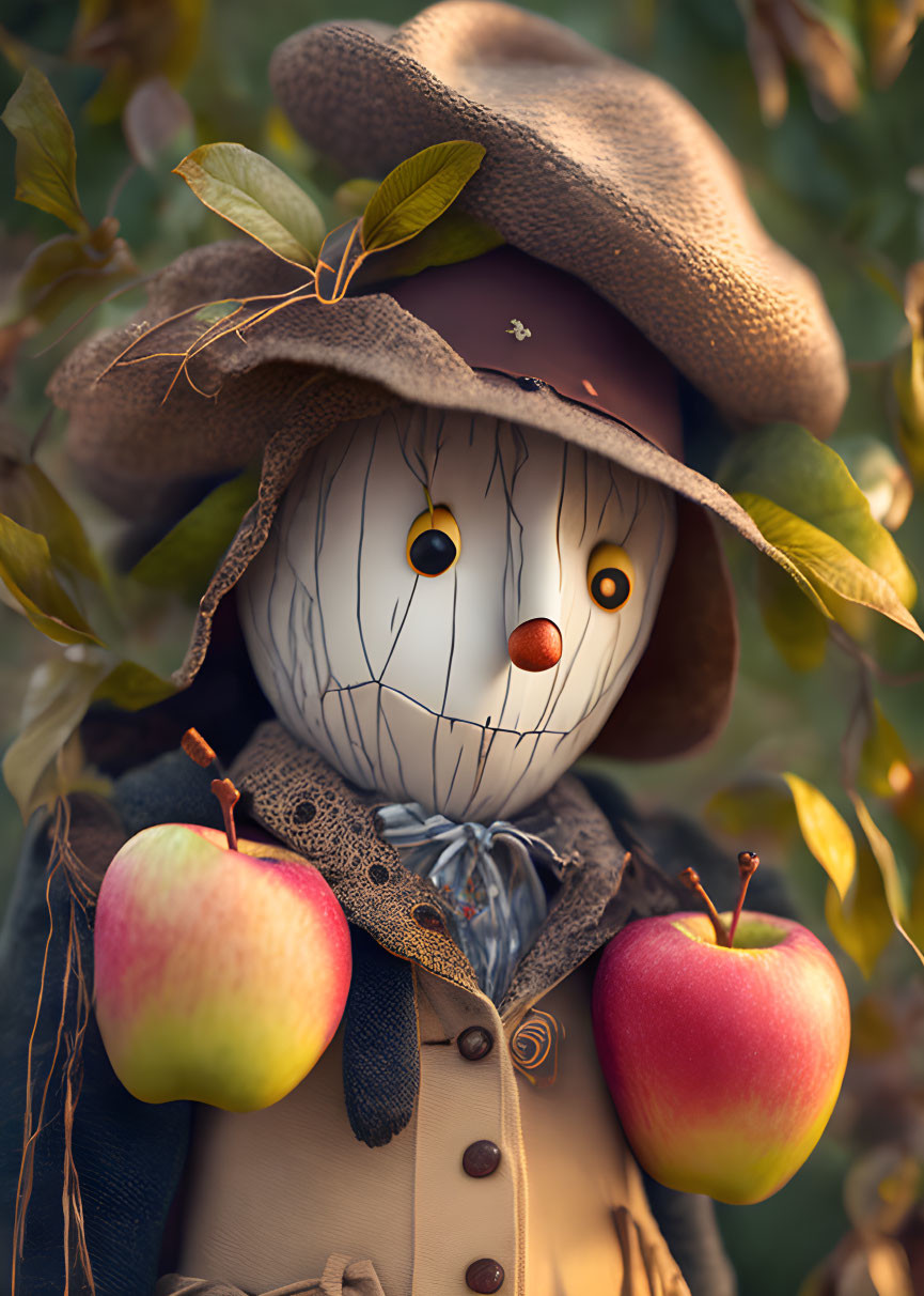 Whimsical scarecrow with hat, button eyes, stitched smile, and apples in leafy setting