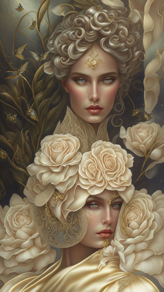 Digital Artwork: Two Women with Elaborate Rose and Jewel Hairstyles