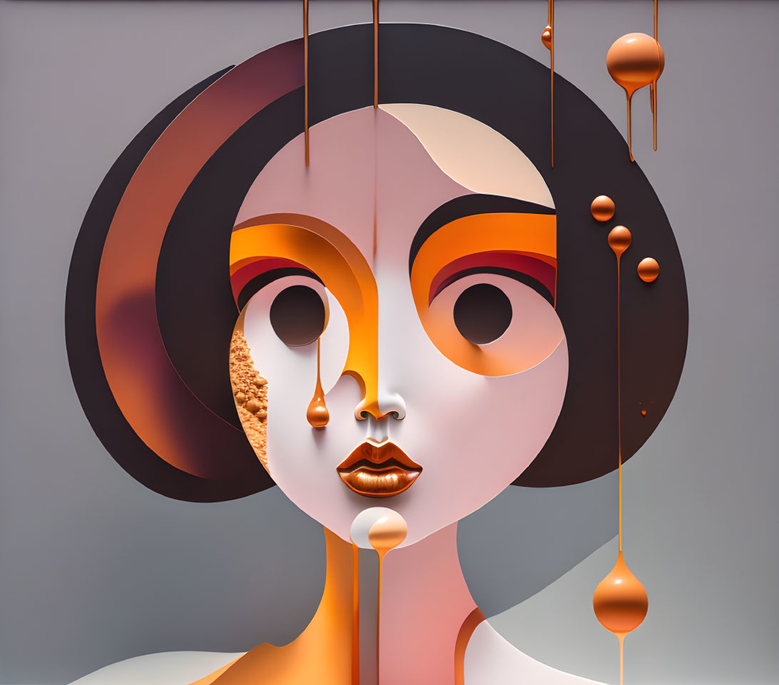 Digital artwork: Female face with exaggerated features and warm colors, featuring surreal liquid elements