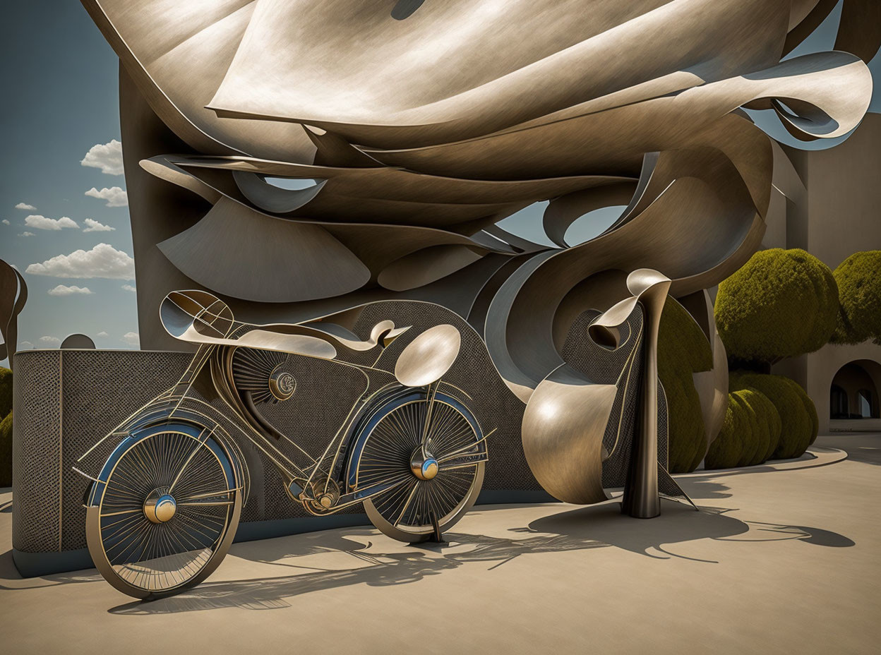 Bicycle sculpture in front of abstract metallic structure