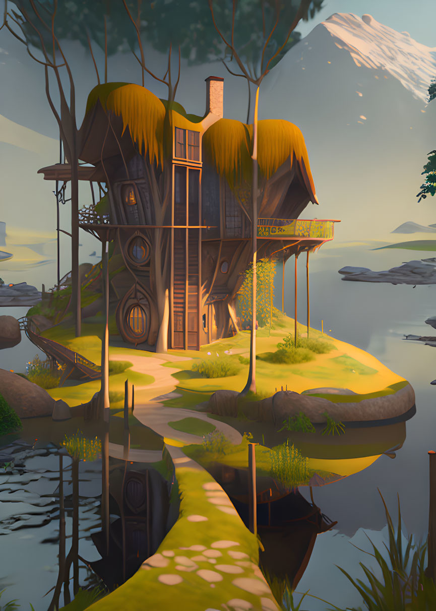 Detailed illustration of multi-story thatched roof house on small island at dusk