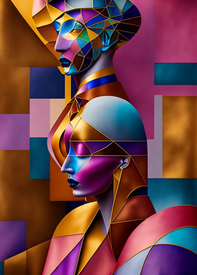 Geometric Faces with Vibrant Colors on Patchwork Background