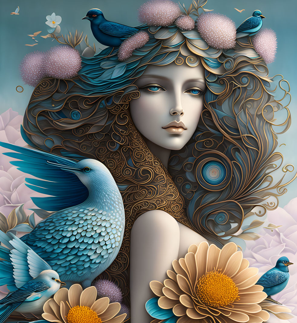 Woman with Birds and Flowers in Hair, Serene Portrait with Harmonious Colors