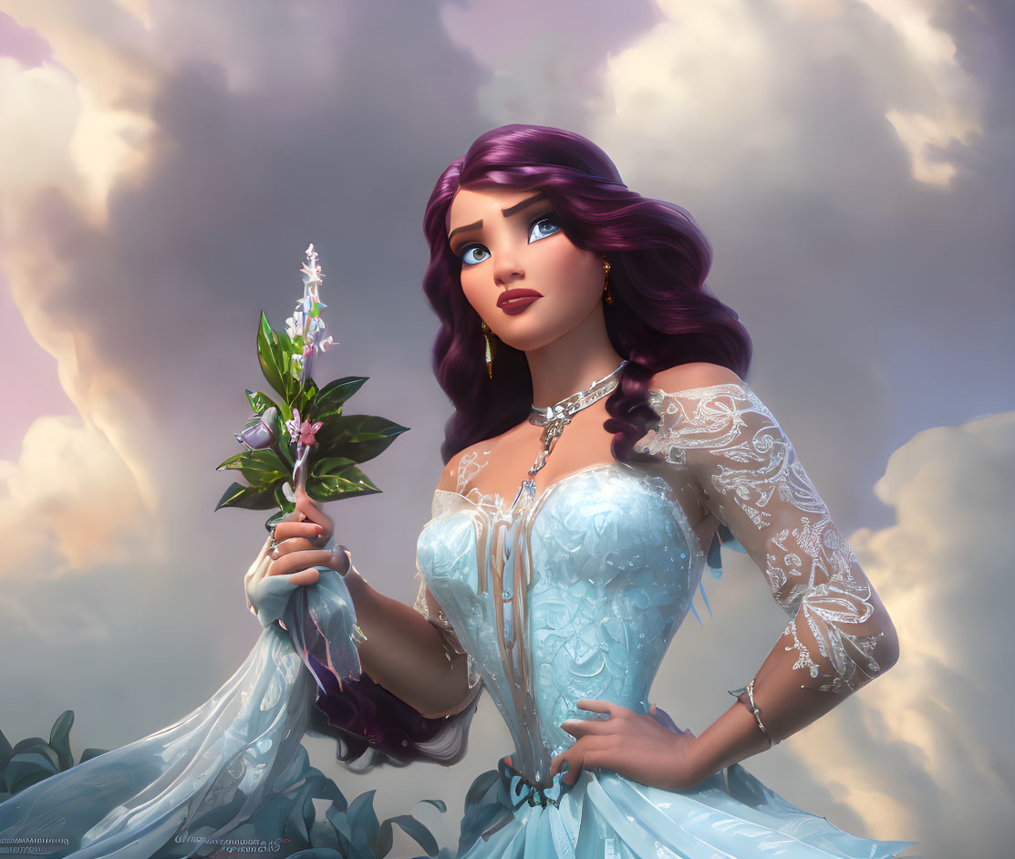 Detailed digital artwork of woman with long purple hair in blue gown holding flower under dramatic cloudy sky