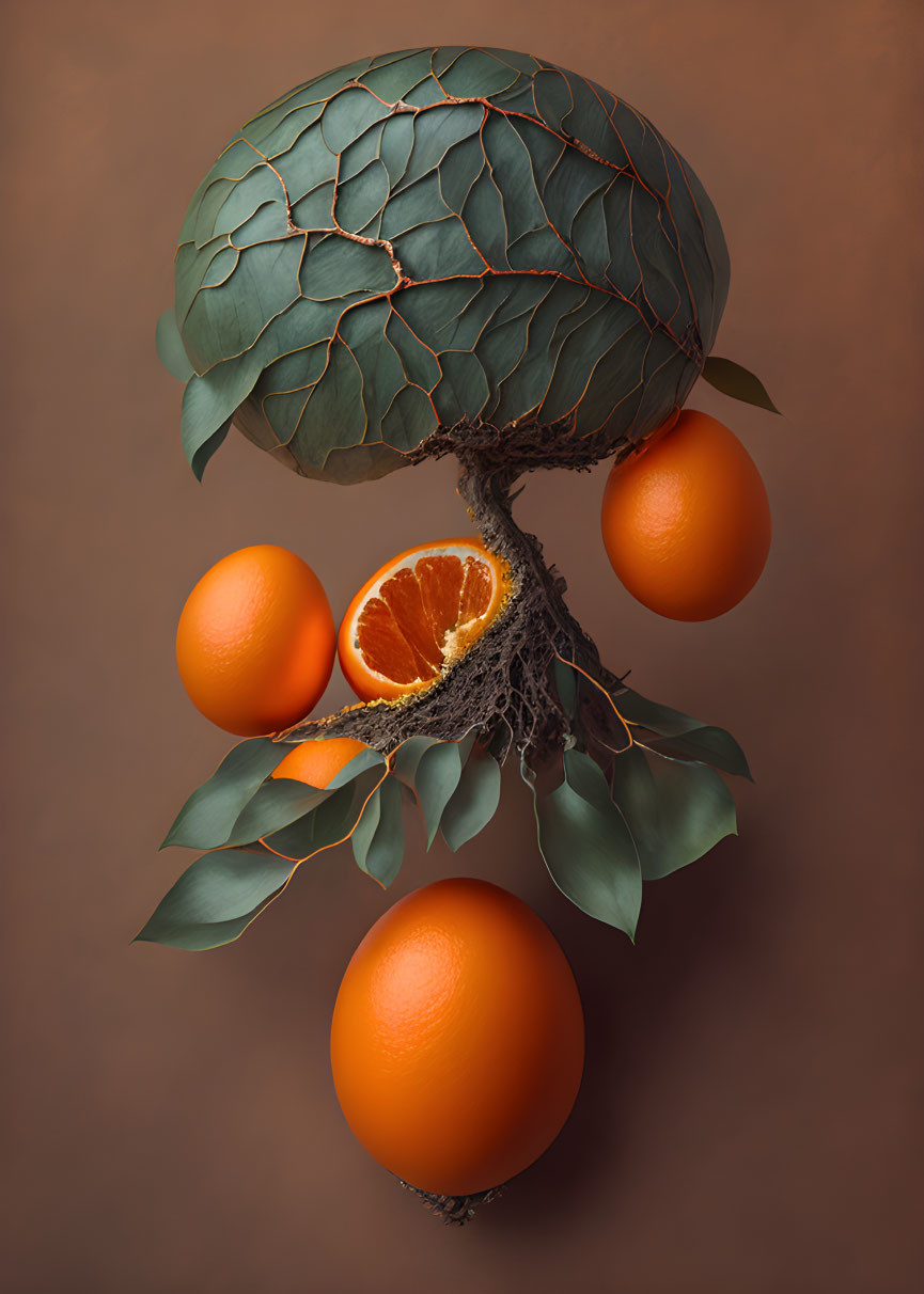 Cracked spherical object with leaf-like textures among oranges on warm backdrop