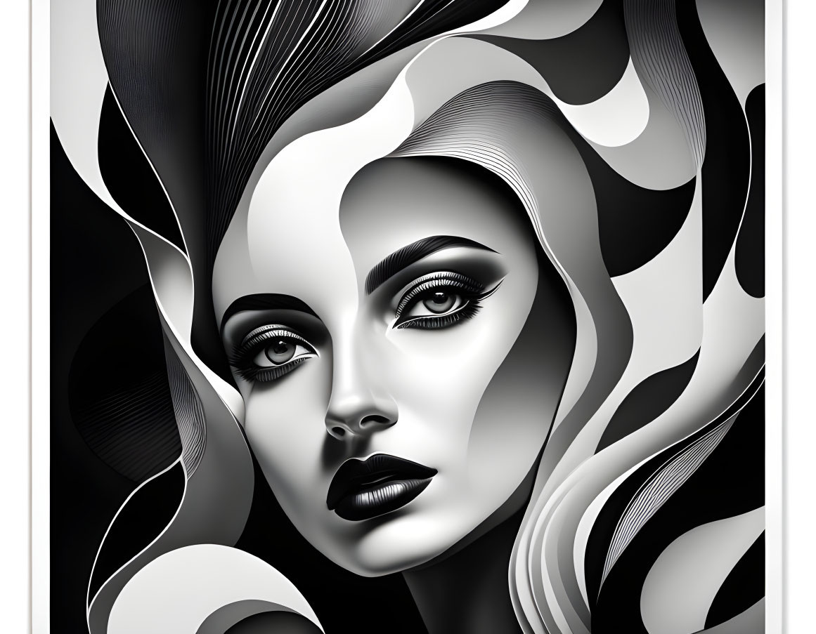 Monochrome digital artwork: Woman with abstract hair patterns