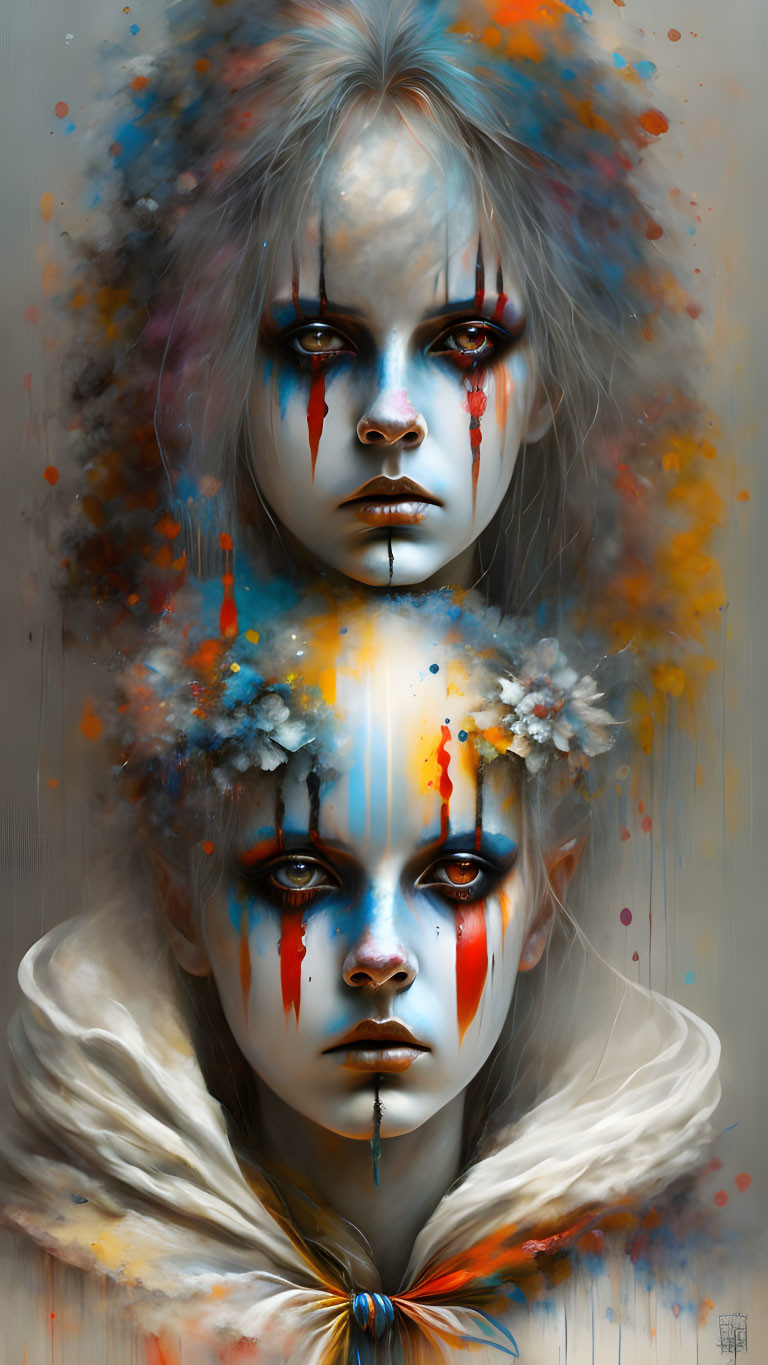 Mirrored face with striking eyes and colorful paint splatters