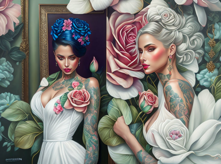 Stylized women with floral tattoos and vibrant hair in rose illustration.