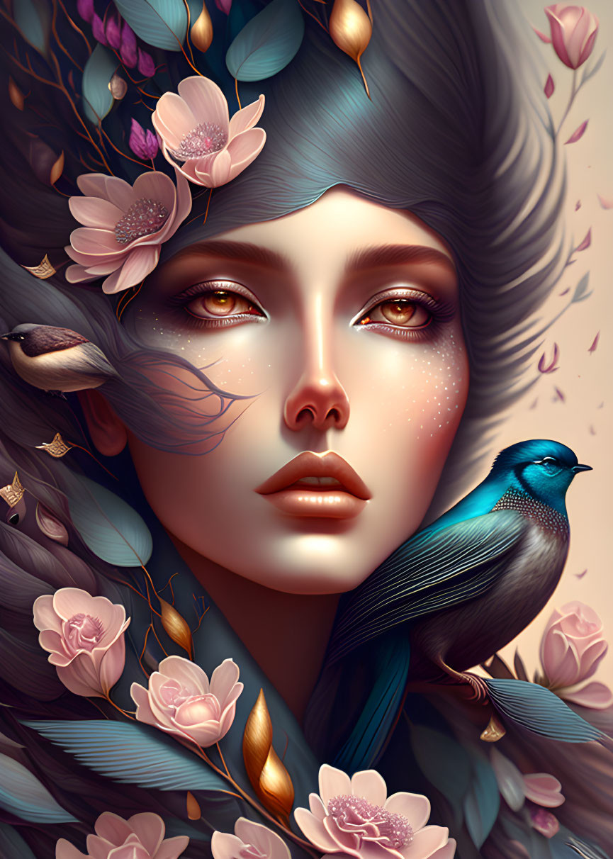 Illustrated portrait of woman with blue hair, flowers, blue bird, and pink petals.