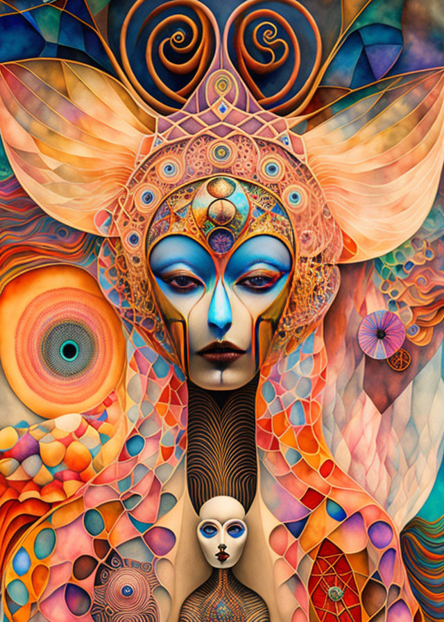 Colorful artwork of stylized female figure with intricate headdress and surreal patterns